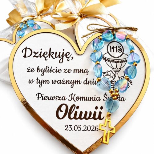 Magnes grawerowany w złotej ramce z różańcem 10cm