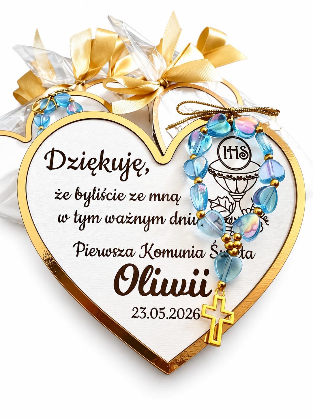 Magnes grawerowany w złotej ramce z różańcem 10cm