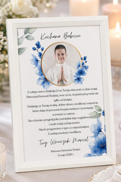 Ramka z plakatem zawierającym życzenia oraz zdjęcie