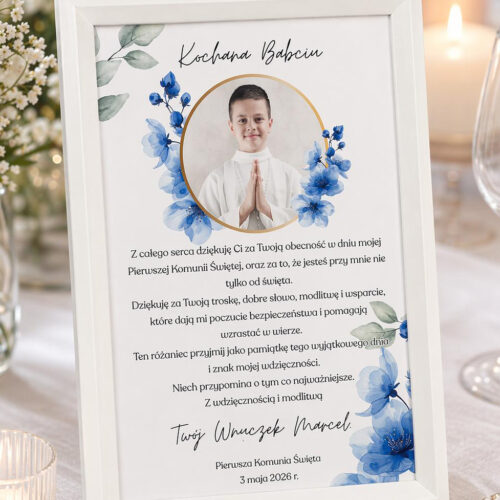 Ramka z plakatem zawierającym życzenia oraz zdjęcie