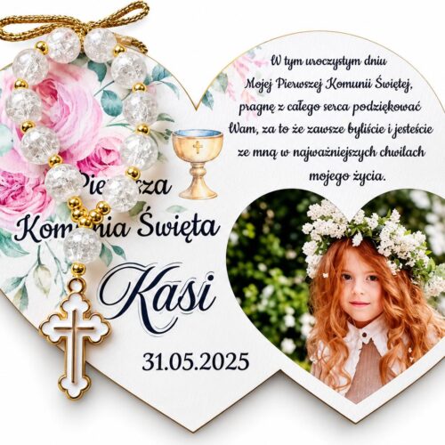 Personalizowany magnes z różańcem i zdjęciem dziecka – 12 cm