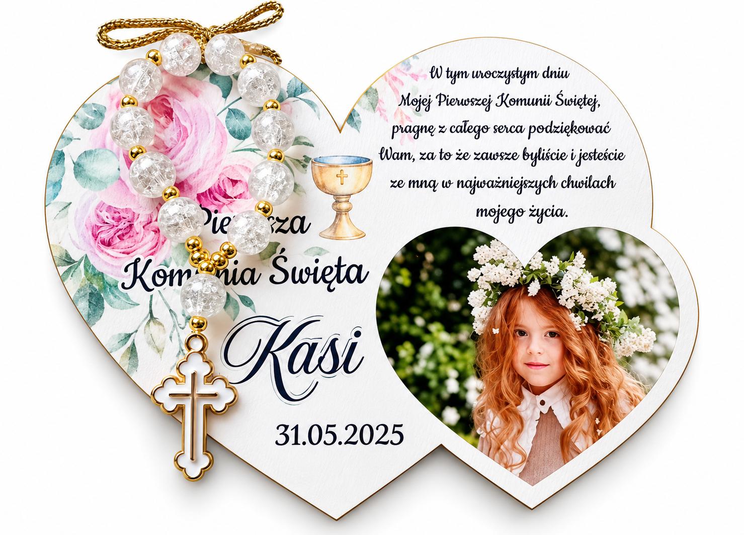 Personalizowany magnes z różańcem i zdjęciem dziecka – 12 cm